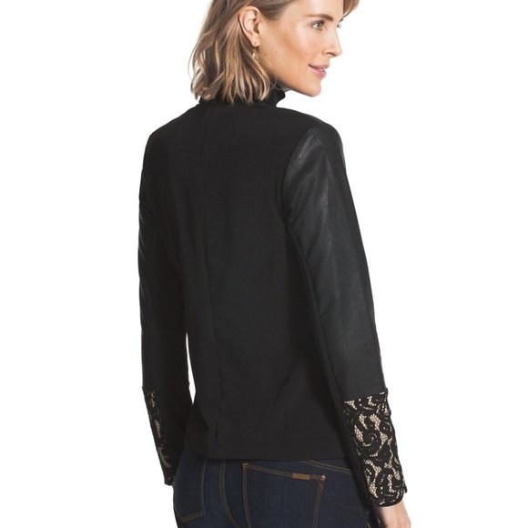 Chico's Pieced Ponte Lace-Mix Faux Leather Jacket Black/Champagne Size XL - Picture 2 of 12